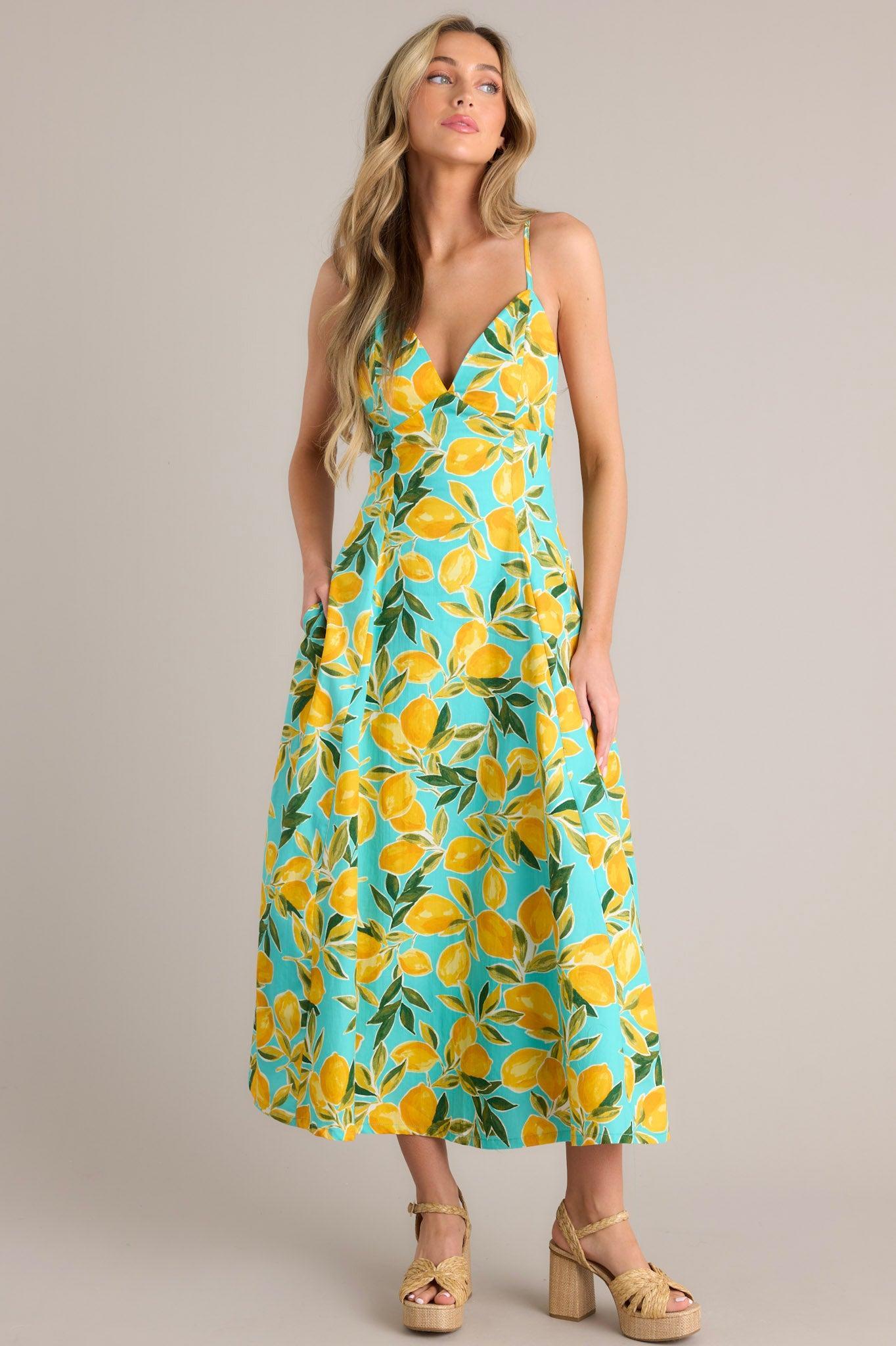 Sunshine Squeeze Aqua Lemon Print Midi Dress Product Image