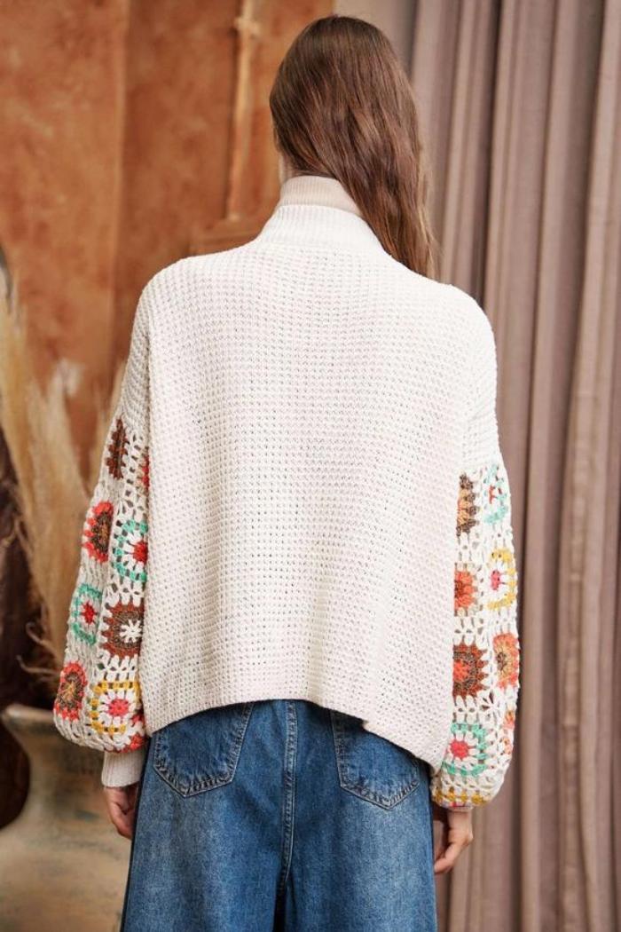 Crochet Floral Printed Long Sleeve Knit Cardigan Product Image