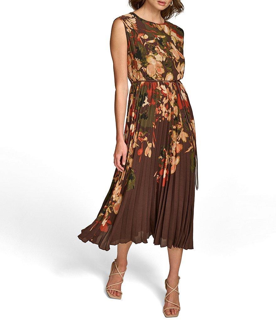 Donna Karan Floral Print Chiffon Crew Neck Short Sleeves Belted Midi Dress Product Image