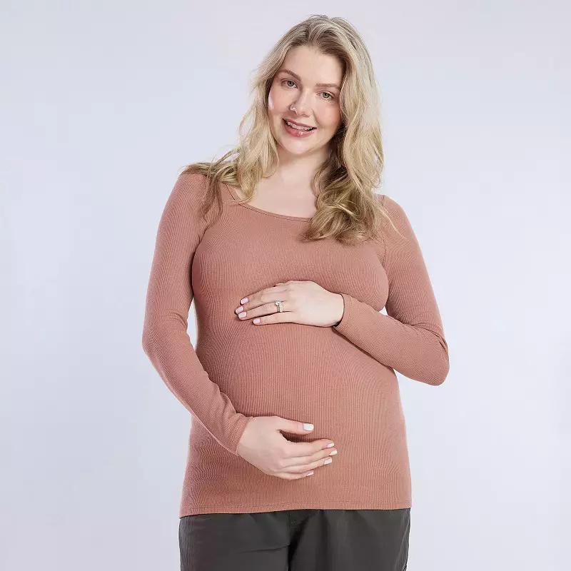 Maternity Motherhood Square Neck Long Sleeve Tee, Womens Brown Mousse Product Image