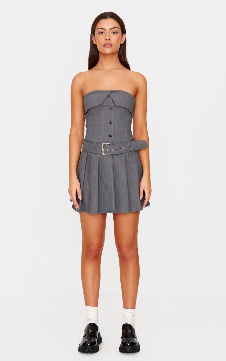 Grey Pinstripe Tailored Bandeau Belt Pleated Shift Dress Product Image