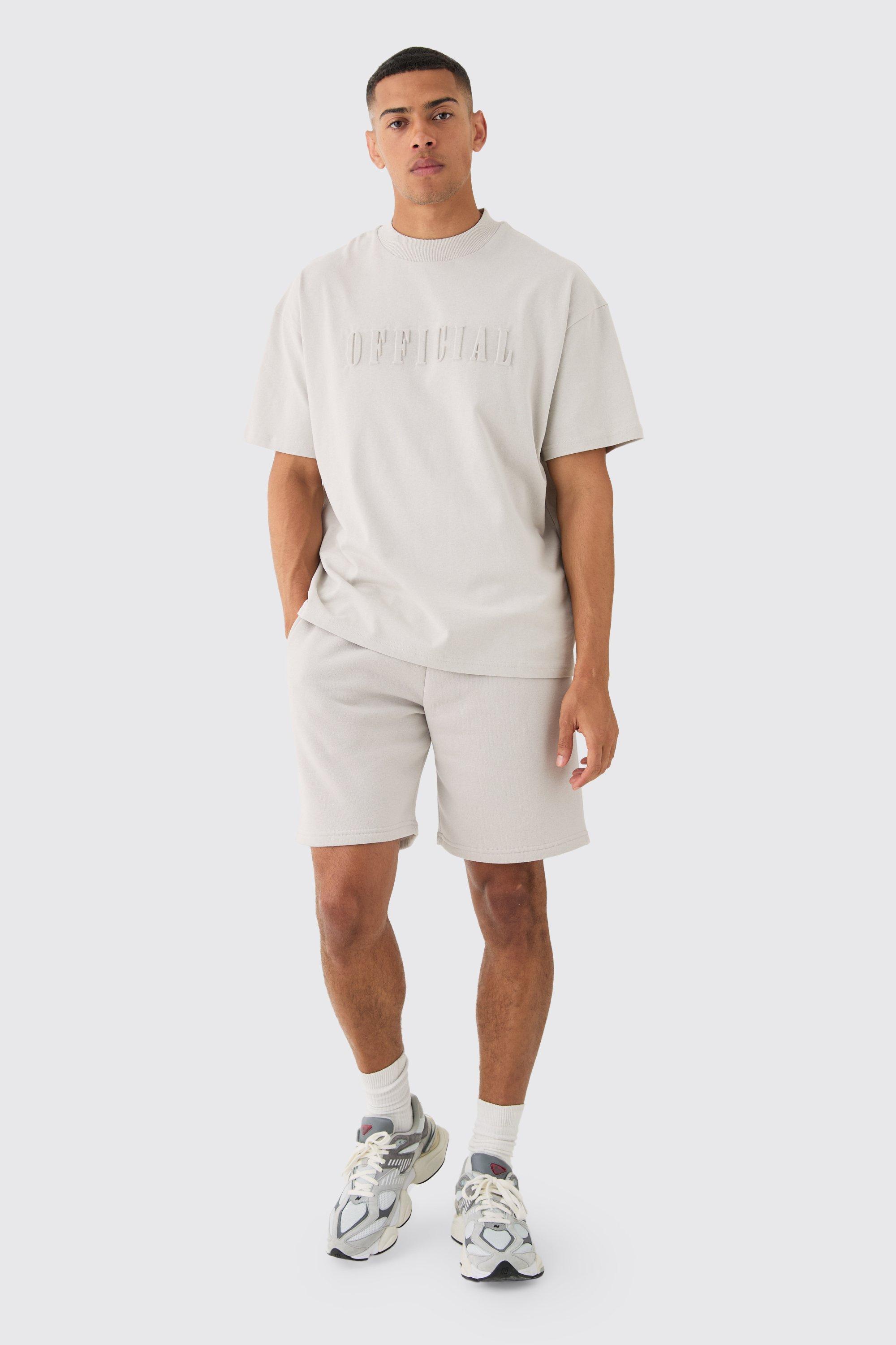 Oversized Extended Neck Official Embossed T-shirt & Short Set | boohooMAN USA Product Image