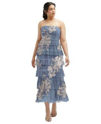 Womens Ruffle Tiered Skirt Metallic Pleated Strapless Midi Dress with Floral Gold Foil Print Product Image