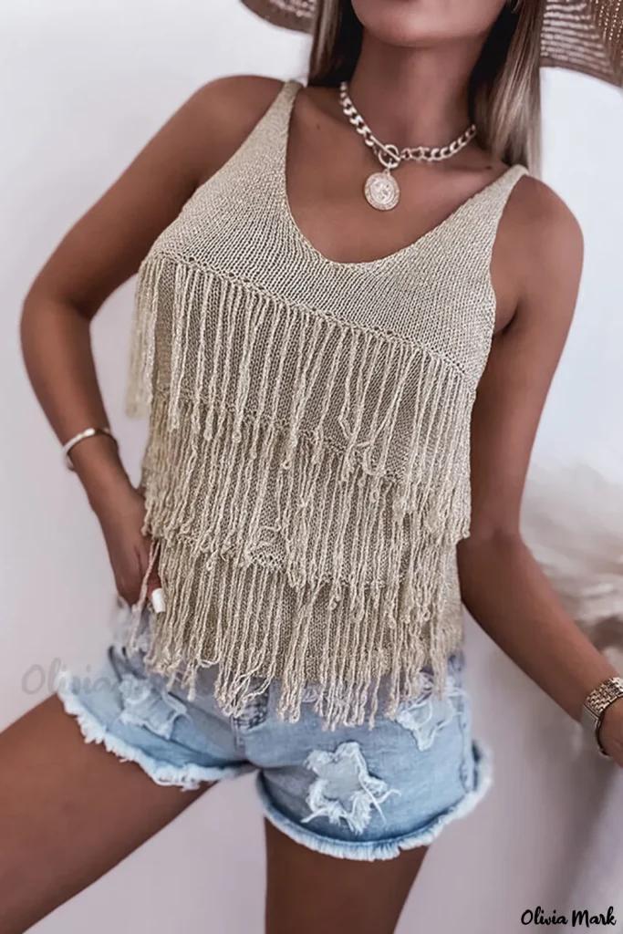 Olivia Mark – Stylish Fringed Knit Sweater Vest for Fashionable Cowgirls – Crafted with Premium Parchment Material Product Image