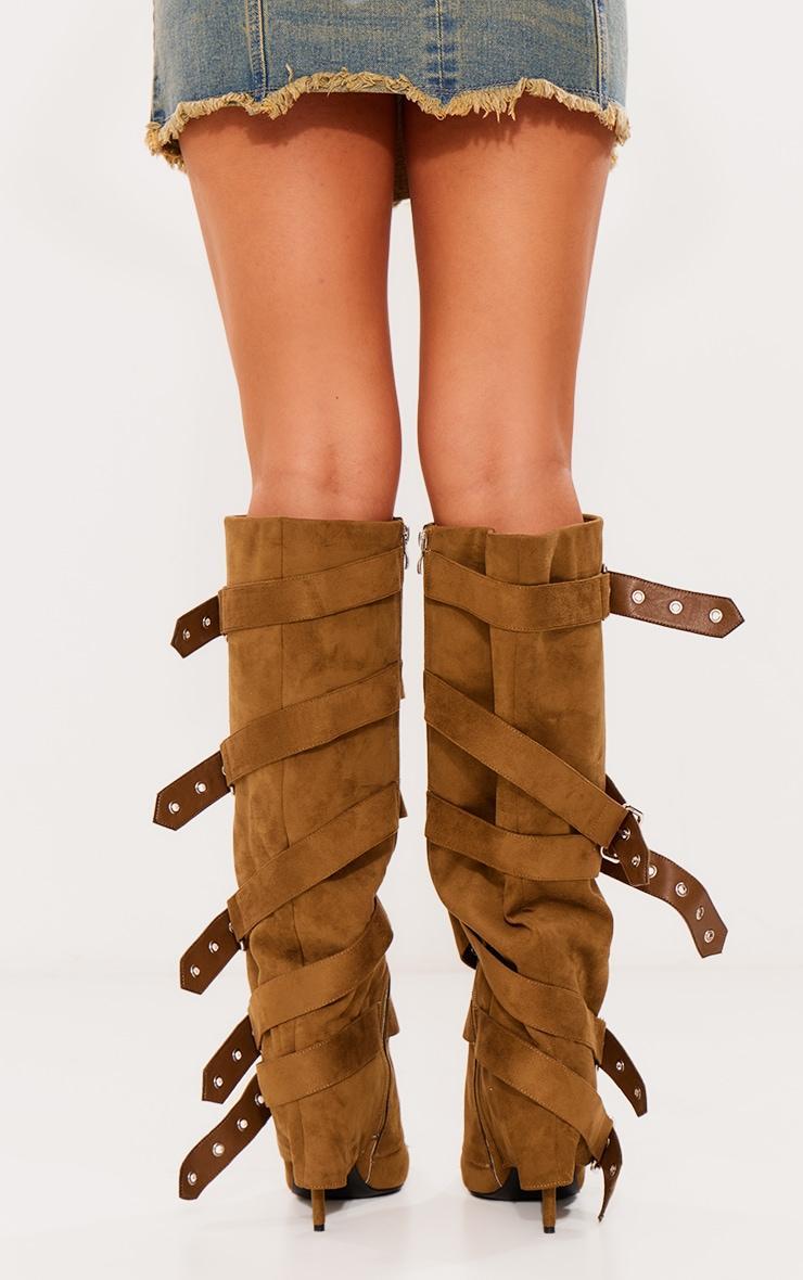 Olive Faux Suede Point Toe Fold Over Buckle Strap Knee High Heeled Boots Product Image