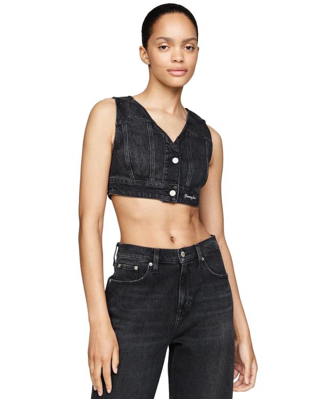 Tommy Jeans Womens Rhinestone Cropped Denim Vest Product Image