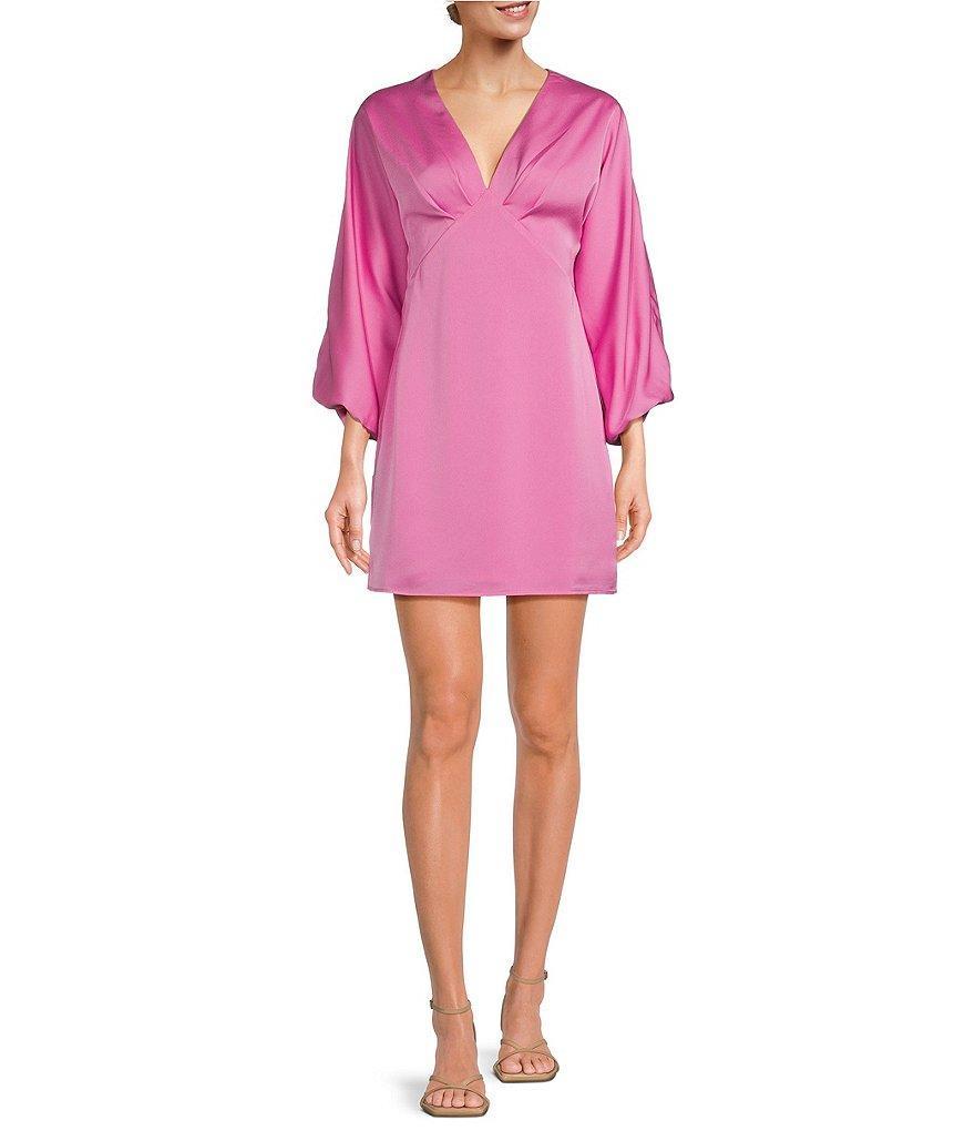 Adelyn Rae Satin V-Neck Long Bell Sleeve Mini Dress Product Image