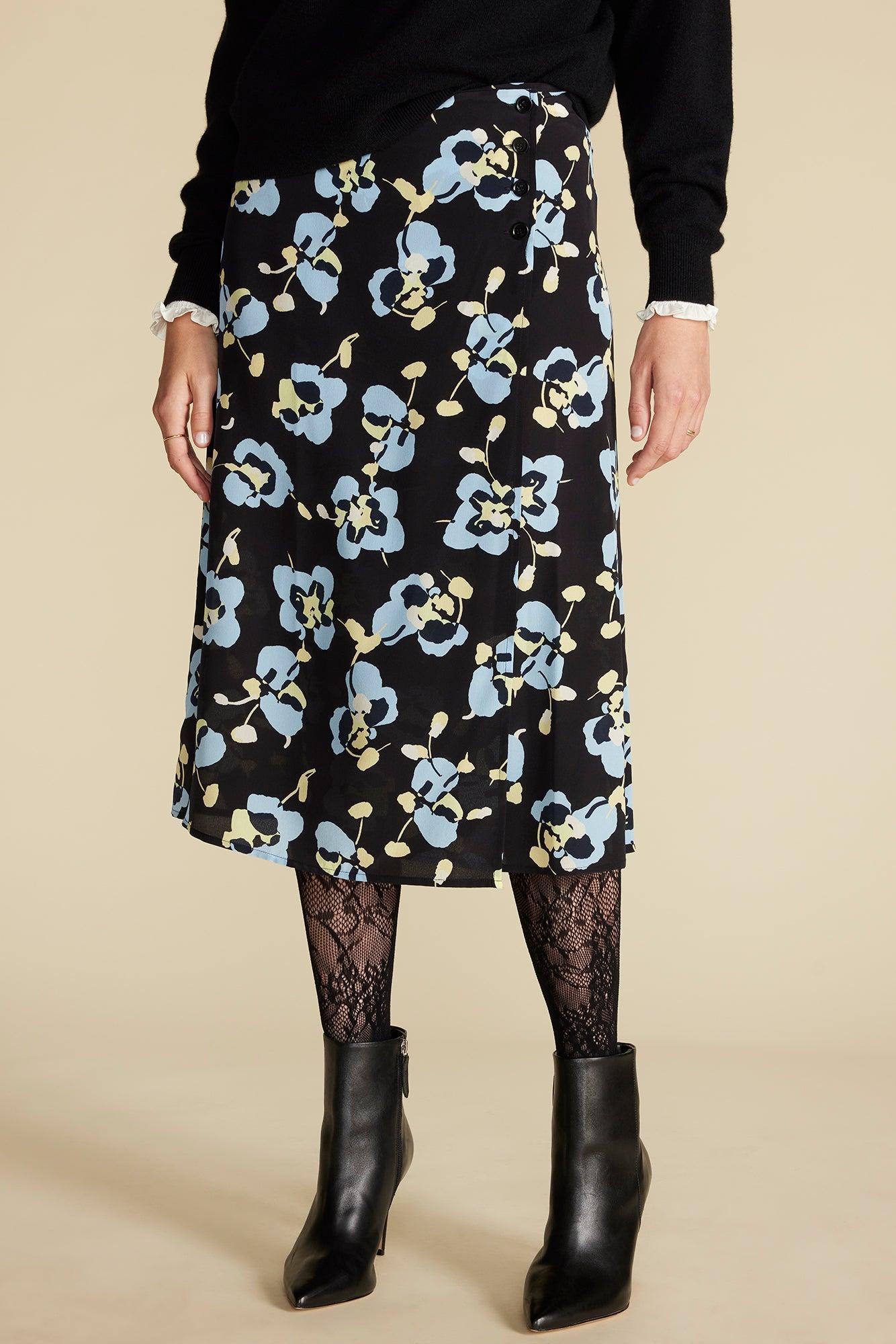 Gabrielle Washable Silk Skirt - Black Pensee Floral Print Product Image