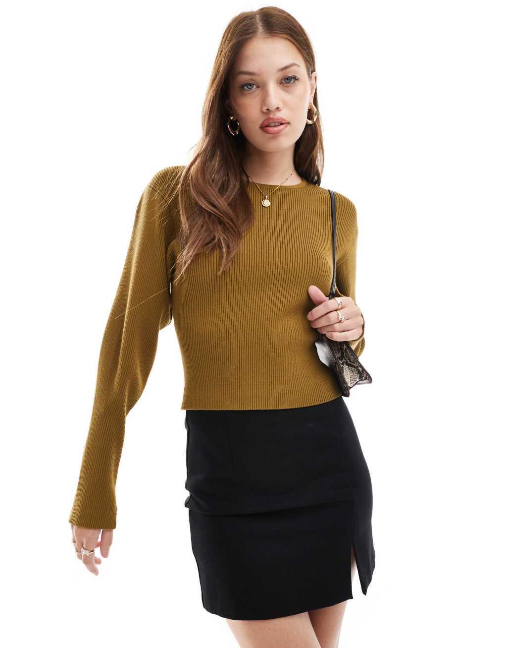 & Other Stories knit fitted sweater with sculptural sleeves in dark khaki green Product Image