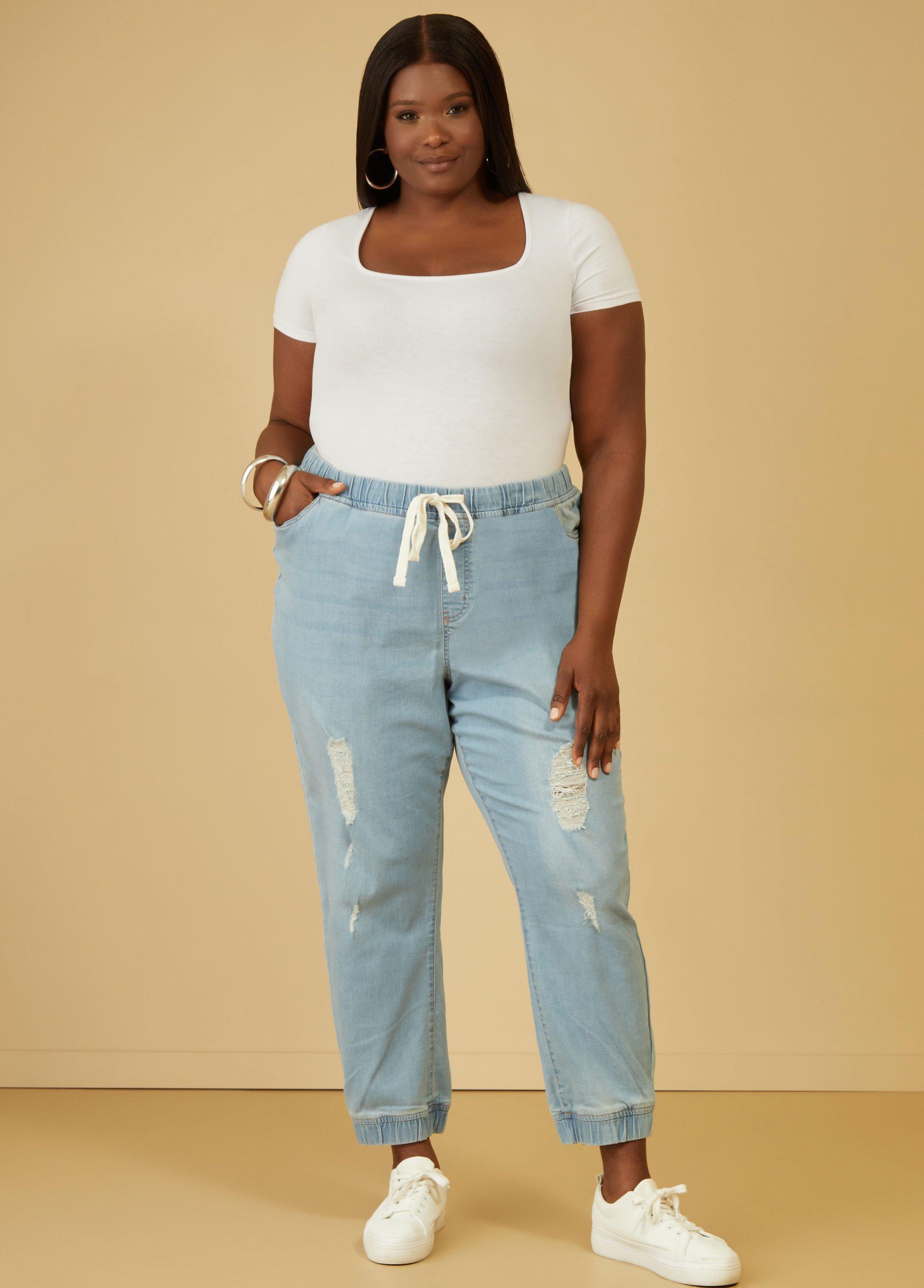 Plus Size Distressed Denim Joggers Ashley Stewart Product Image