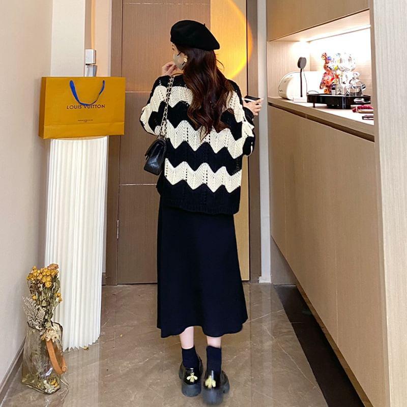 Maternity V-Neck Two Tone Pointelle Sweater / Sleeveless Square Neck Ribbed Midi A-Line Knit Dress / Set Product Image