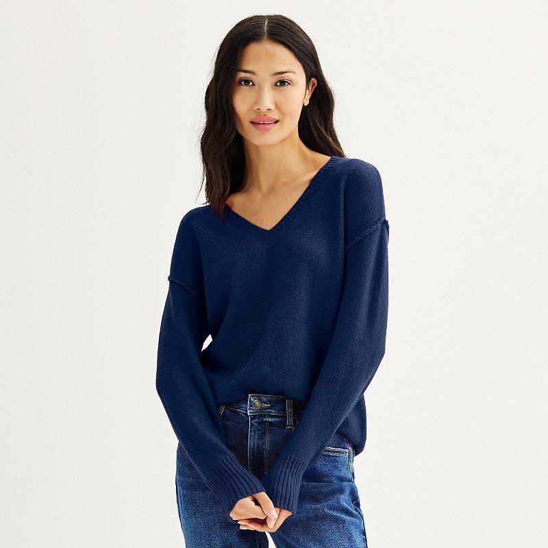 Womens Sonoma Goods For Life Petite V-Neck Pullover Sweater Blue Product Image