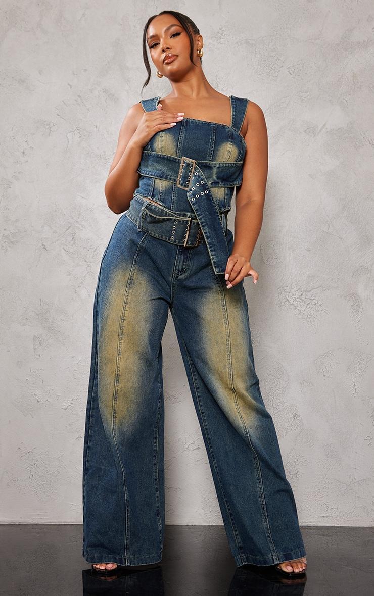 Plus Vintage Wash Buckle Denim Corset Top Product Image