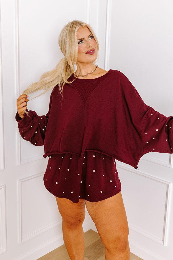 Sideline Chic Pearl Embellished Crop Sweatshirt in Maroon Curves Product Image