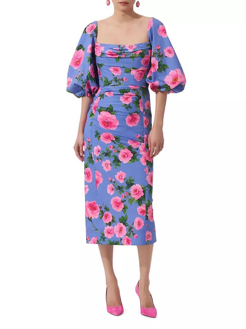 Floral Stretch-Cotton Balloon-Sleeve Midi-Dress Product Image