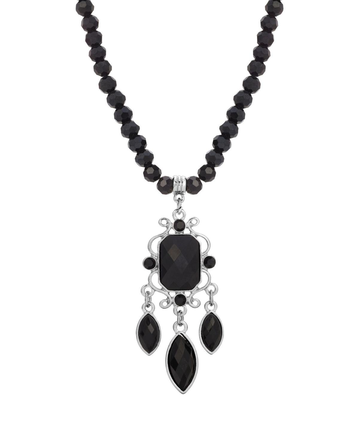 1928 Silver Tone Black Bead Chandelier Necklace, Womens Product Image