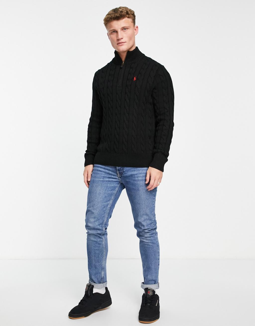 Polo Ralph Lauren icon logo half zip cotton cable knit sweater Product Image