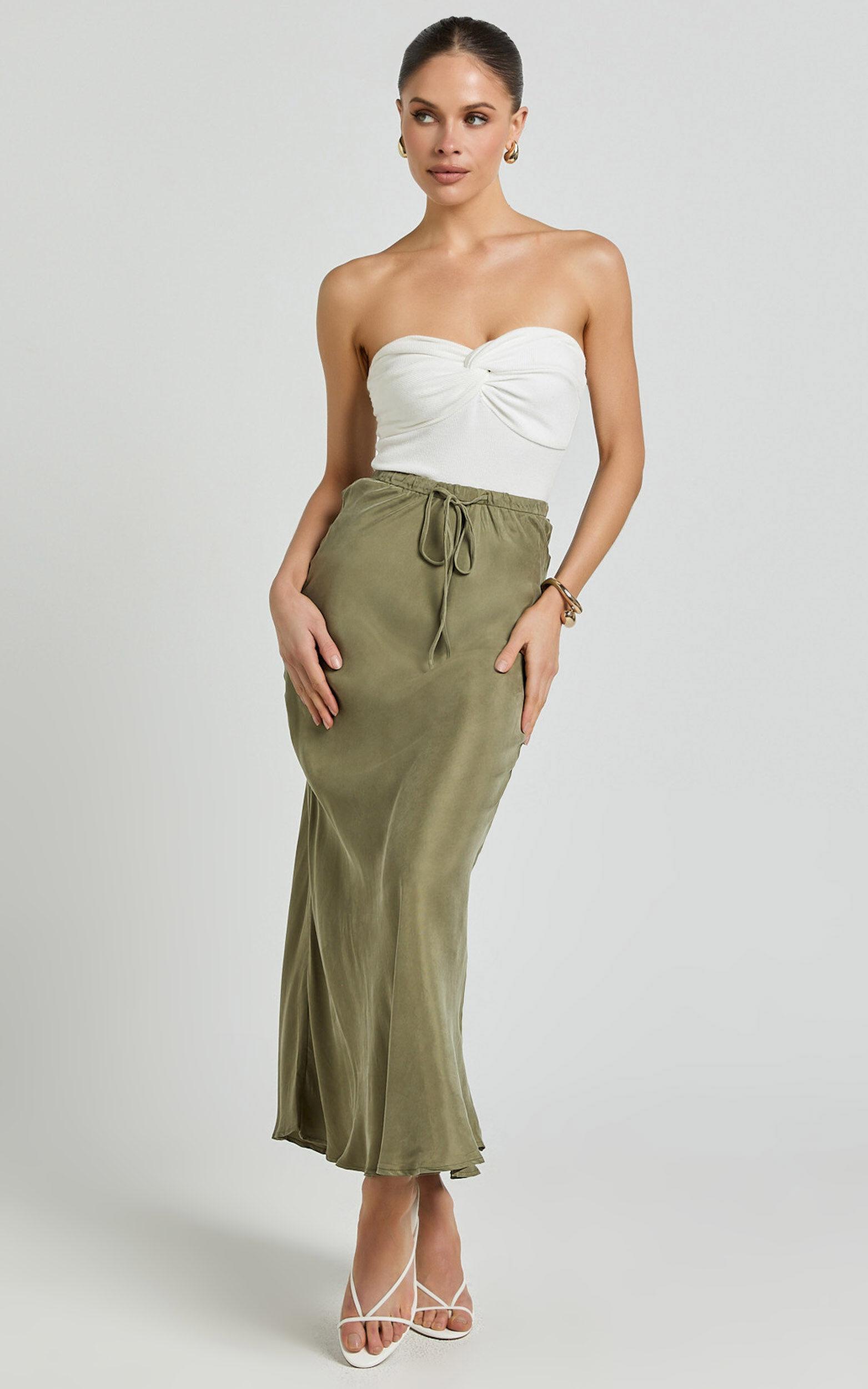 Wilhelmine Maxi Skirt - Cupro High Waisted Drawstring Slip Skirt in Moss Product Image