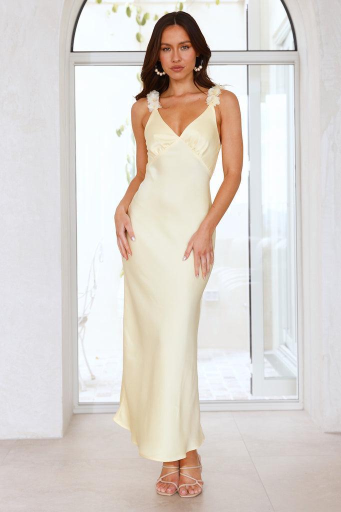 Silken Twilight Satin Maxi Dress Yellow Product Image