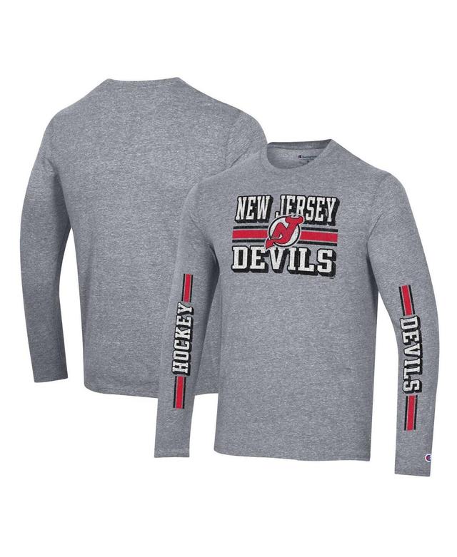 Mens Champion Heather Gray Distressed New Jersey Devils Tri-Blend Dual-Stripe Long Sleeve T-shirt Product Image