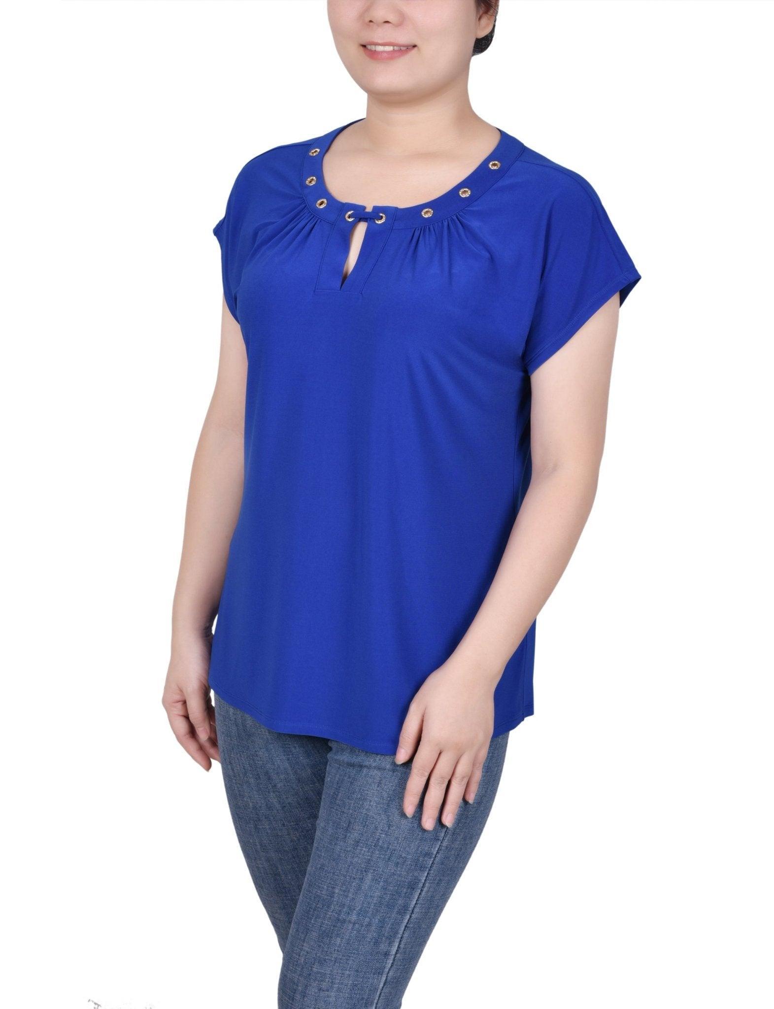 Short Extended-Sleeve Grommet Neck Knit Top - Petite Product Image