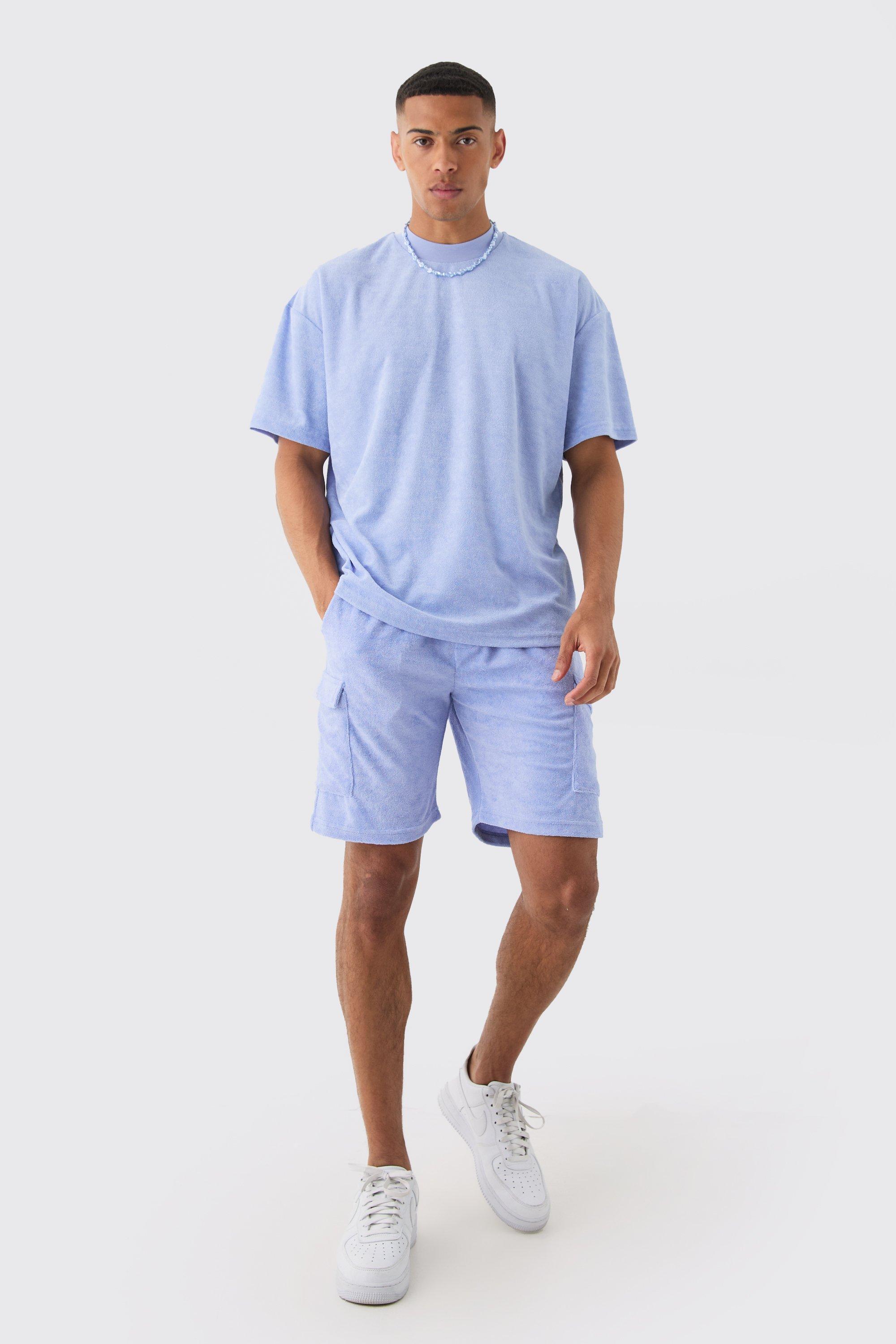 Mens Blue Oversized Extended Neck Towelling T-shirt & Cargo Shorts, Blue Product Image