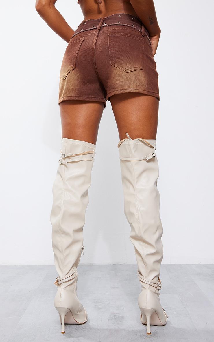 Washed Brown Eyelet Detail Belted Denim Shorts Product Image