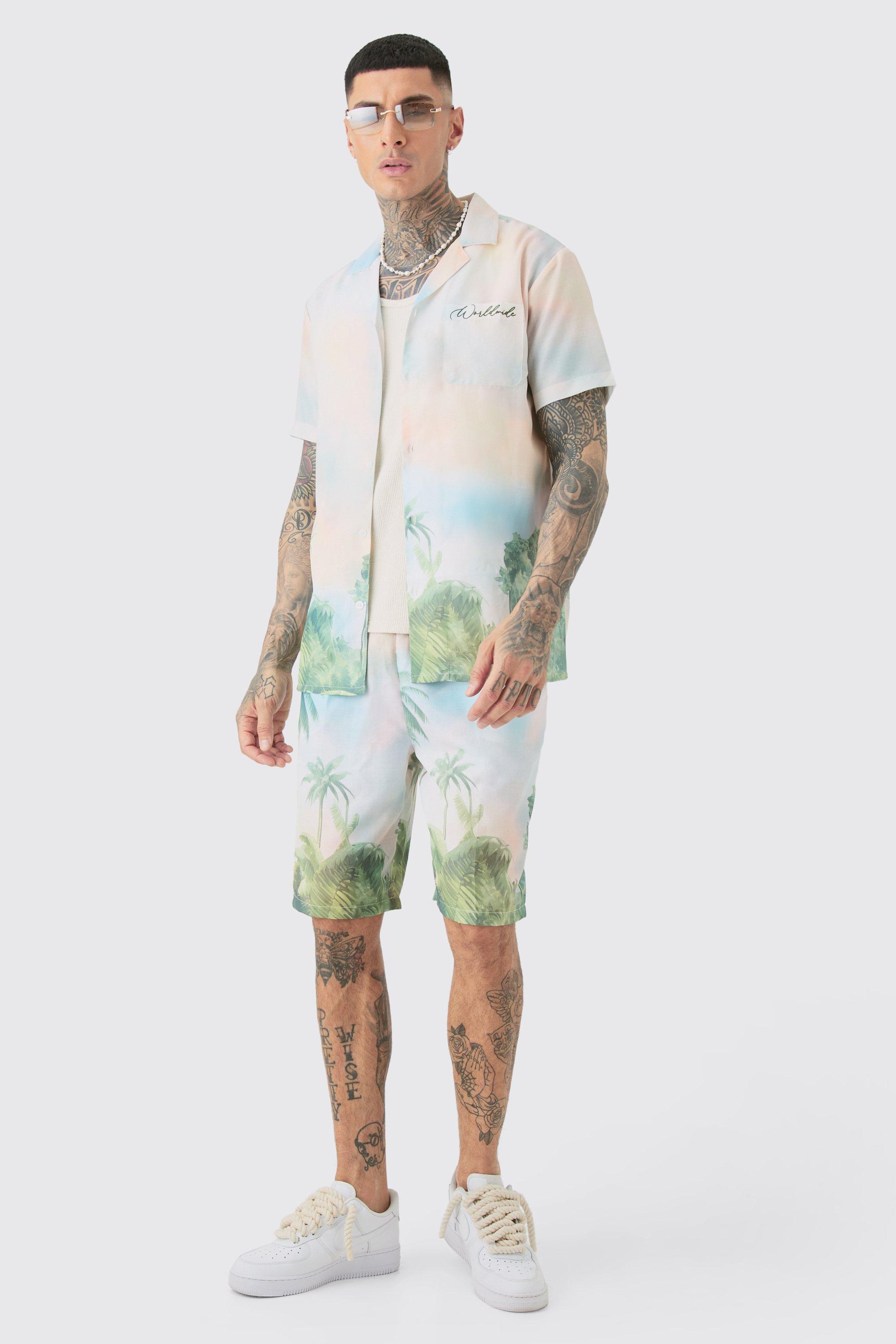 Tall Linen Look Watercolour Landscape Shirt & Short Set | boohooMAN USA Product Image