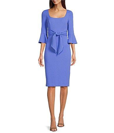 Adrianna Papell Stretch Square Neck 34 Bell Sleeve Tie Front Dress Product Image