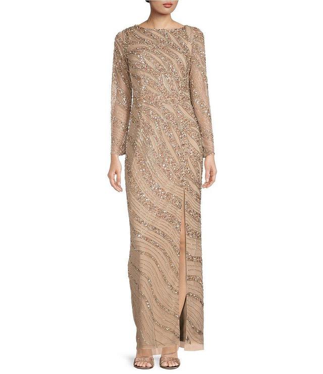 Aidan Mattox Beaded Boat Neck Long Sleeve Front Slit Gown Product Image