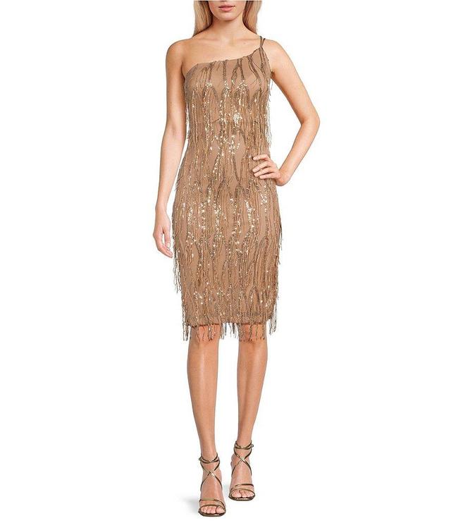 Honey and Rosie Fringe Sequin One-Shoulder Bodycon Midi Dress Product Image