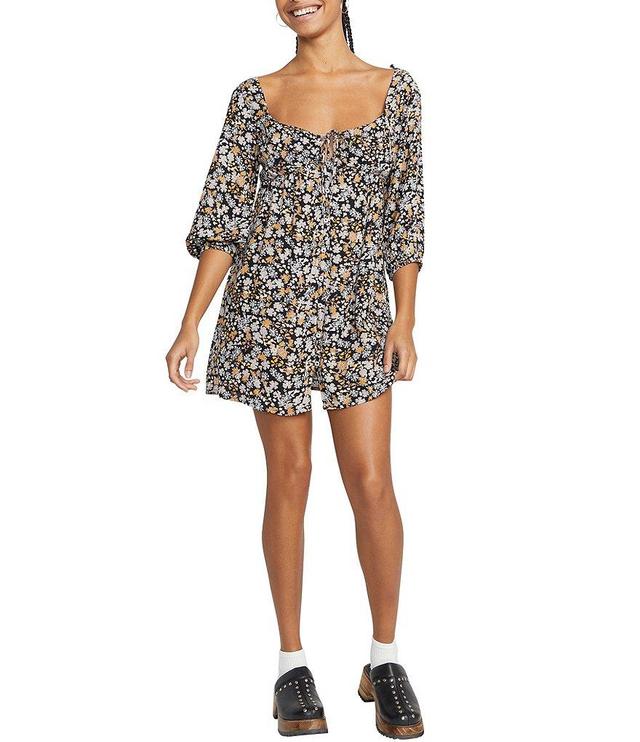 Volcom J'Taime Ditsy Floral Print 3/4 Sleeve Smocked Back Dress Product Image