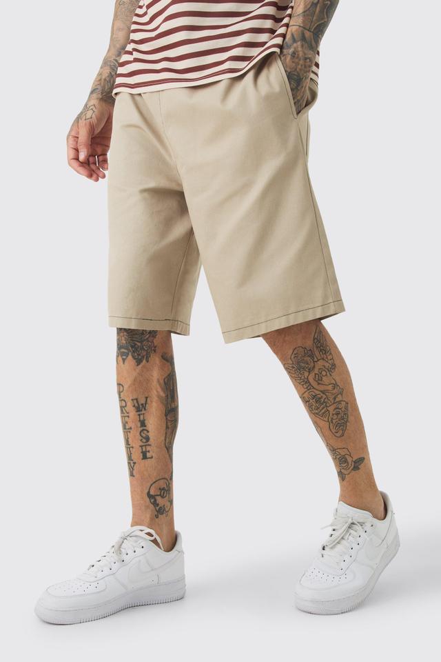 Tall Elasticated Waist Relaxed Twill Contrast Stitch Shorts | boohooMAN USA Product Image