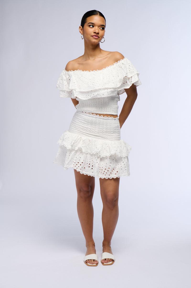 SUMMER LOVING TIERED RUFFLE MINI SKIRT IN WHITE Product Image