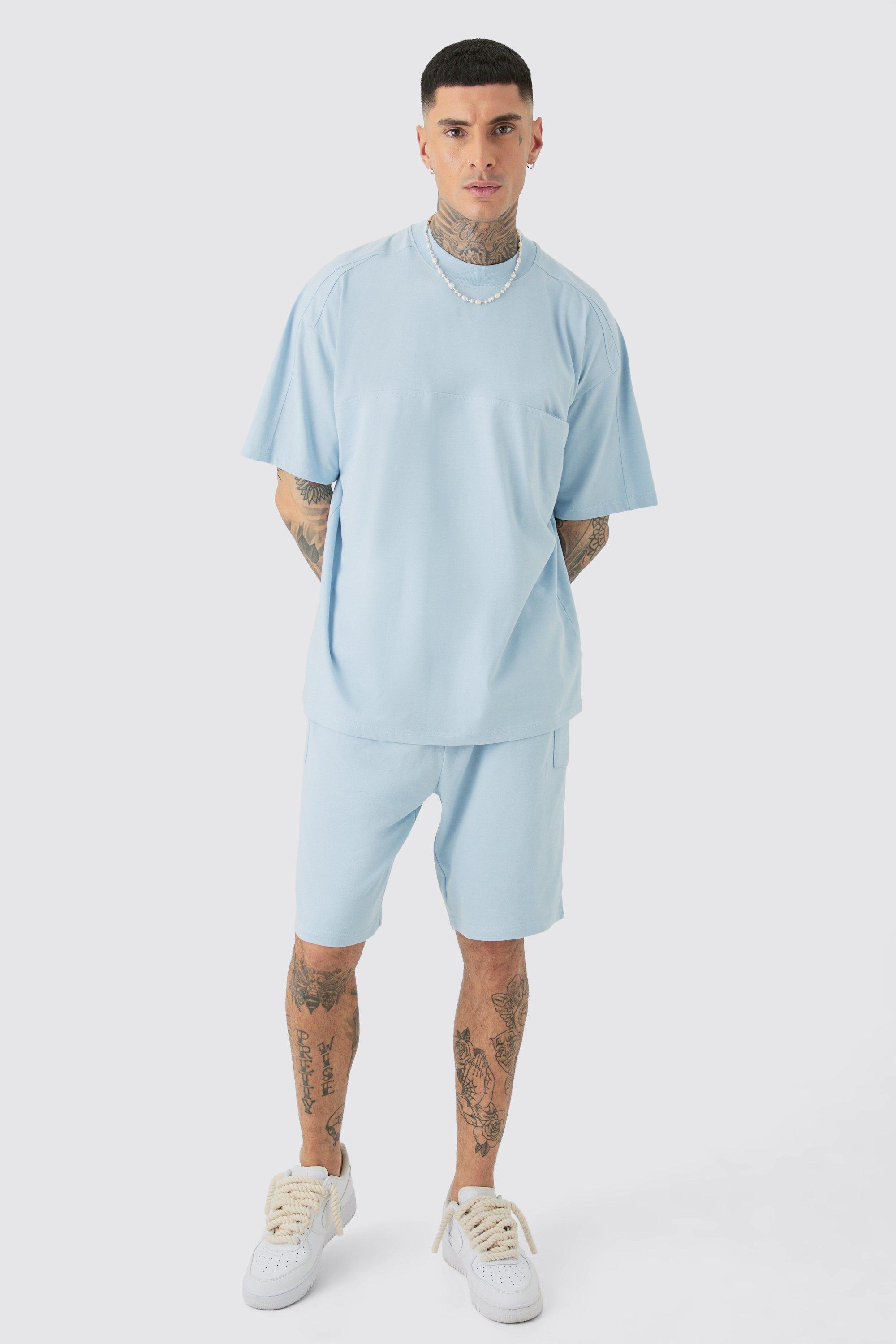 Tall Oversized Extended Neck Panel T-shirt & Cargo Short Set | boohooMAN USA Product Image