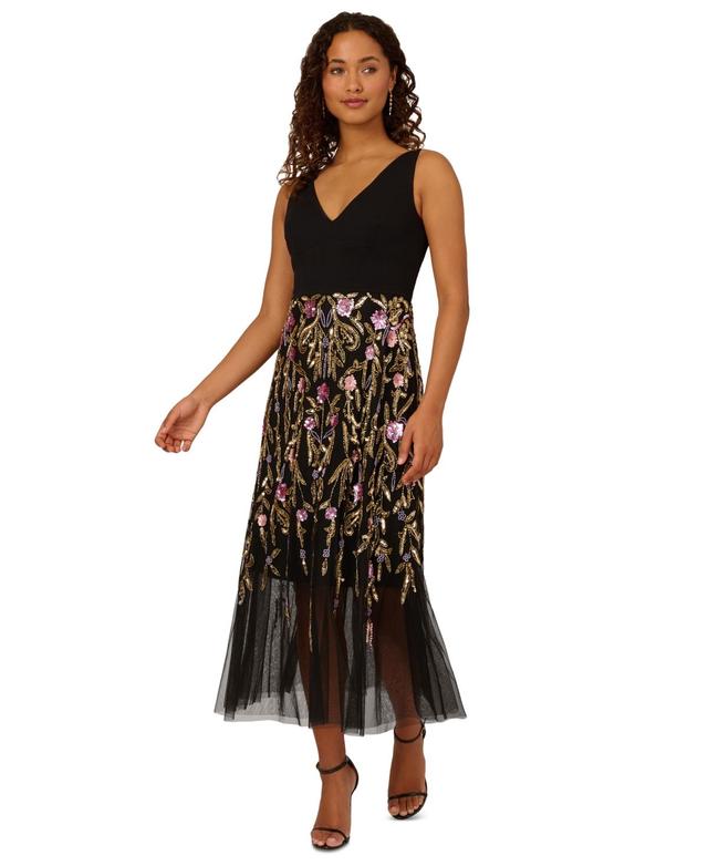 Adrianna Papell Womens V-Neck Embellished-Floral Dress Product Image