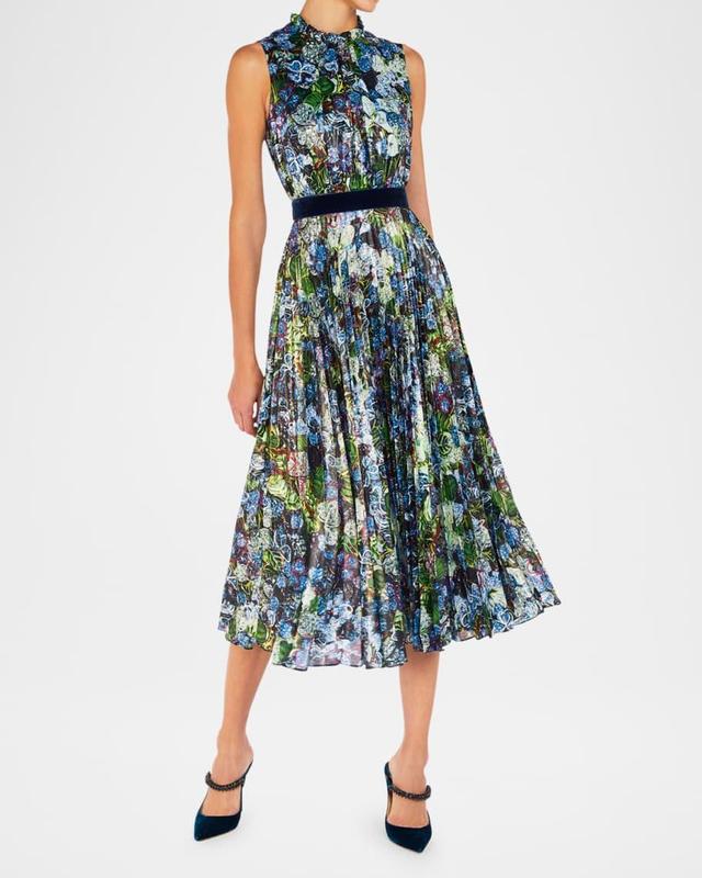 Hollie Clover Lapis-Print Pleated Lame Midi Dress Product Image