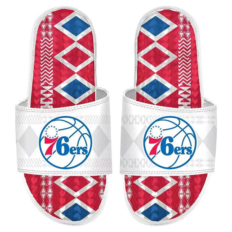 Mens ISlide White Philadelphia 76ers Shooting Touch Rwanda Pattern Gel Slide Sandals Product Image