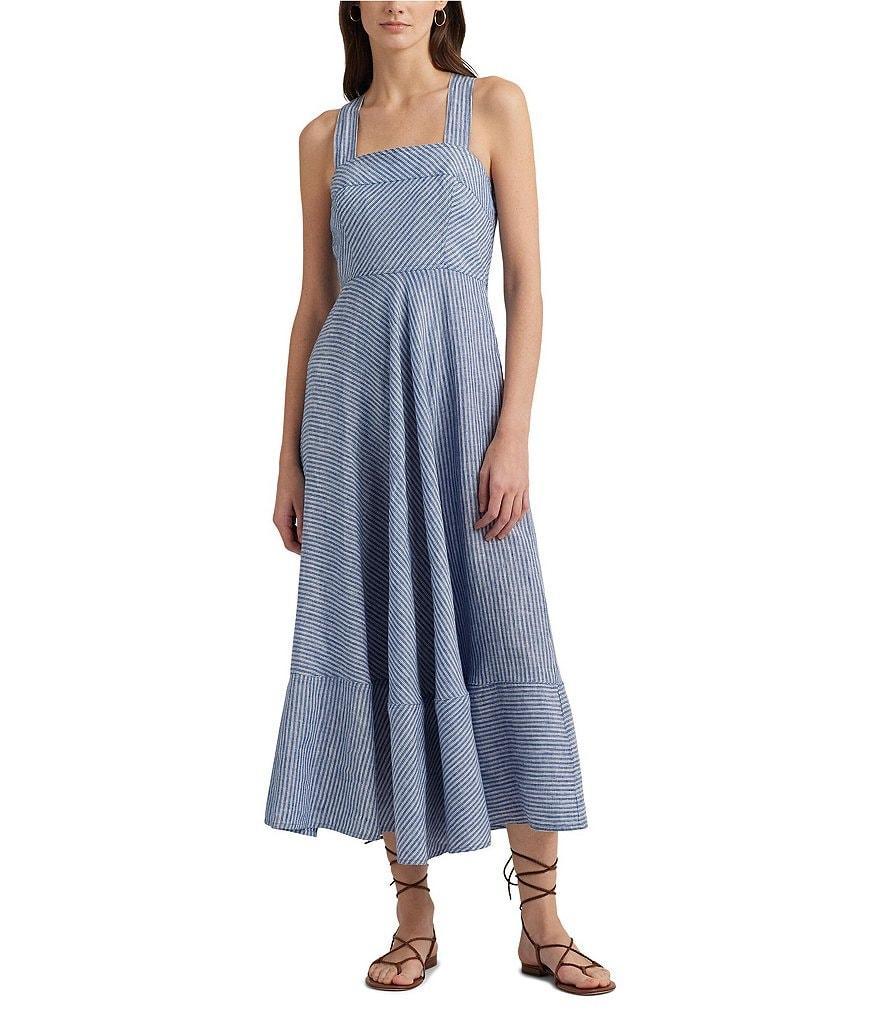 Lauren Ralph Lauren Yarn-Dye Linen Stripe Square Neck Sleeveless Fit & Flare Midi Dress Product Image