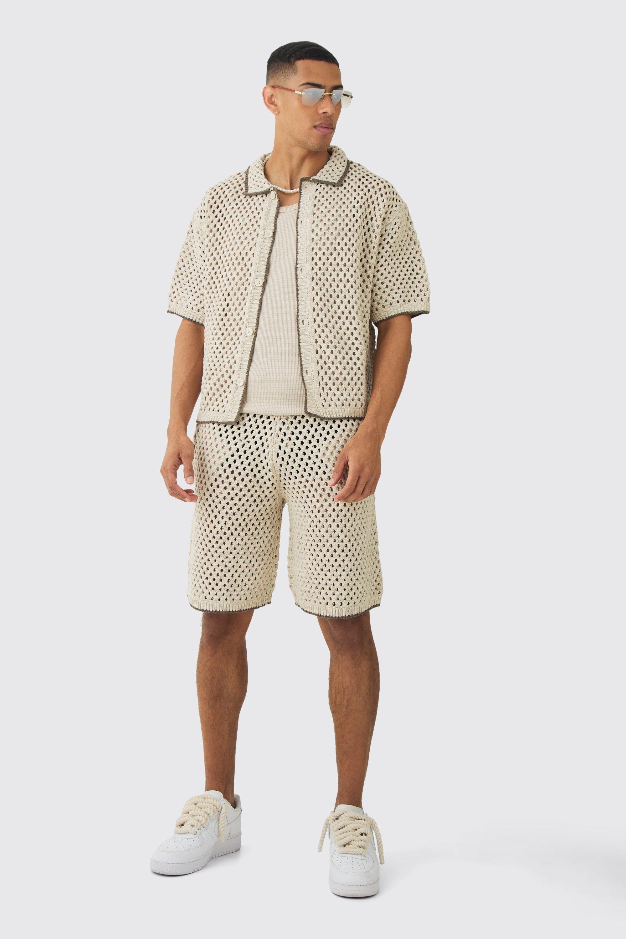 Oversized Boxy Open Stitch Contrast Tipping Shirt & Short Set With Metal Tab | boohooMAN USA Product Image