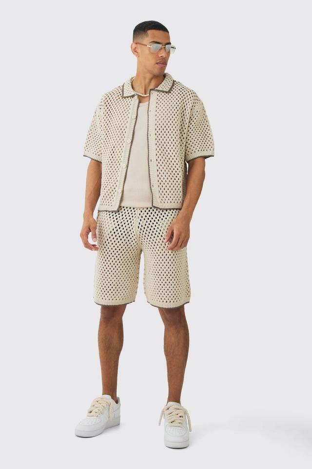 Oversized Boxy Open Stitch Contrast Tipping Shirt & Short Set With Metal Tab | boohooMAN USA Product Image