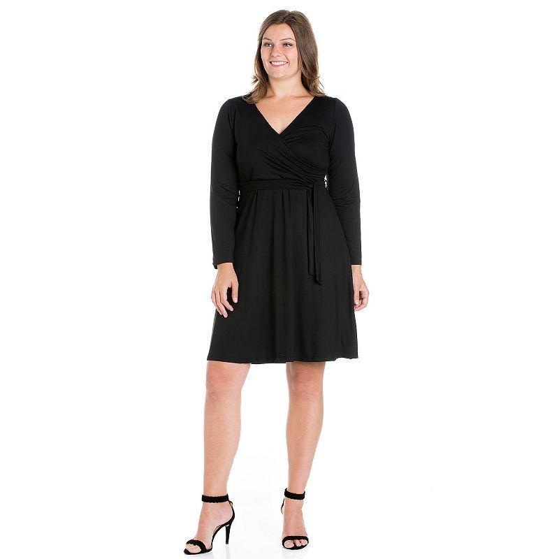 Plus Size 24seven Comfort Apparel Chic V-Neck Long Sleeve Belted Dress, Womens Black Product Image