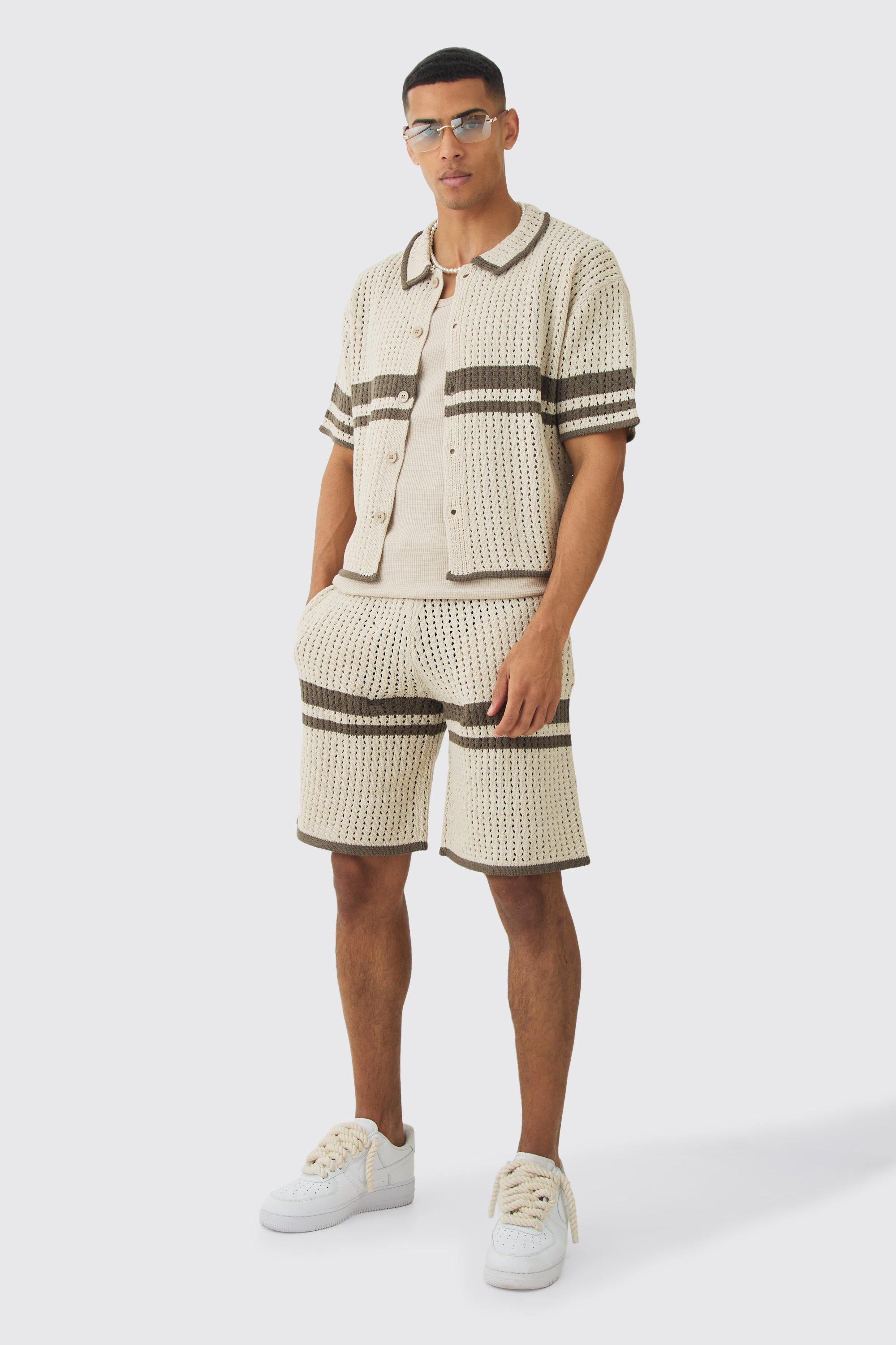 Oversized Boxy Open Stitch Colour Block Shirt & Short Set | boohooMAN USA Product Image