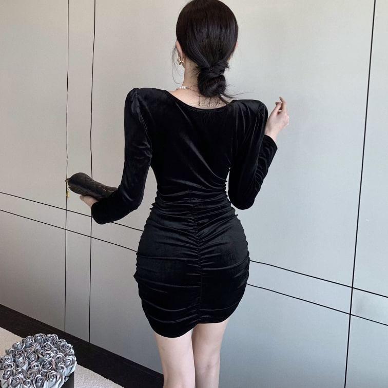 Long-Sleeve Round Neck Rhinestone Lace Panel Velvet Mini Sheath Dress Product Image