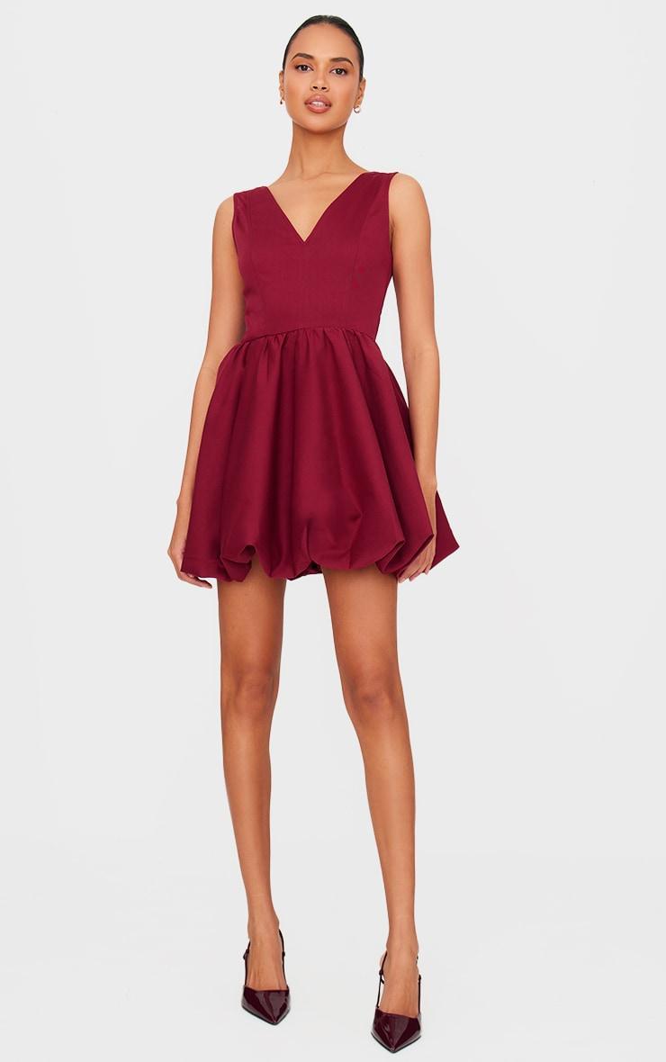 Burgundy Tailored Woven V Neck Puffball Mini Dress Product Image