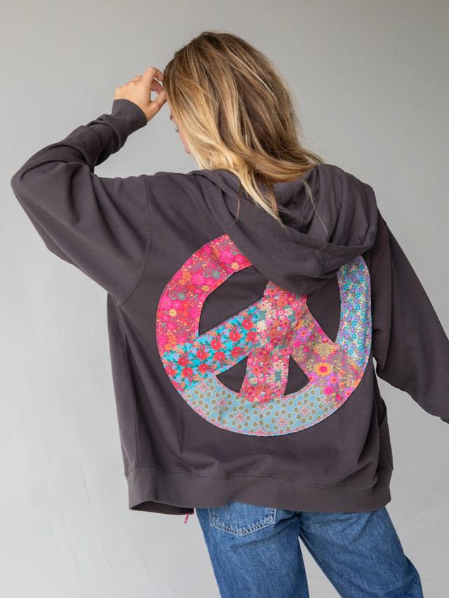 Applique Zip-Up Hoodie - Charcoal Peace Product Image