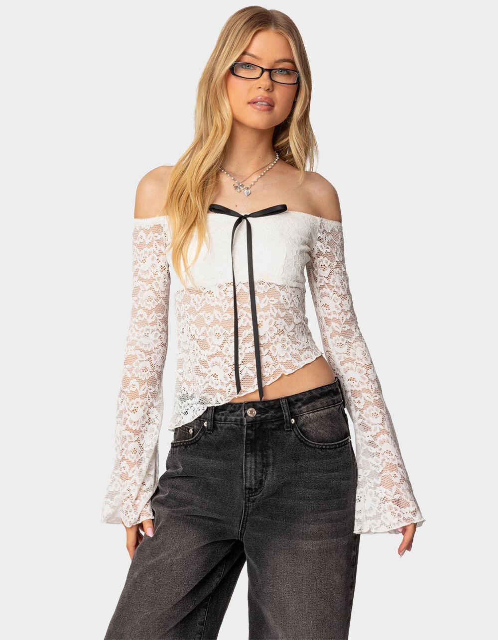 EDIKTED Asymmetric Sheer Lace Off Shoulder Top product image