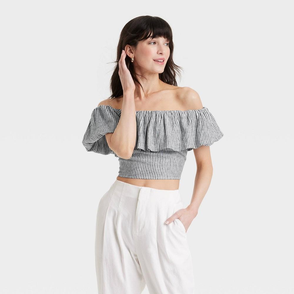 Womens Slim Fit Ruffle Sleeve Off the Shoulder Linen Blouse - A New Day Striped Product Image