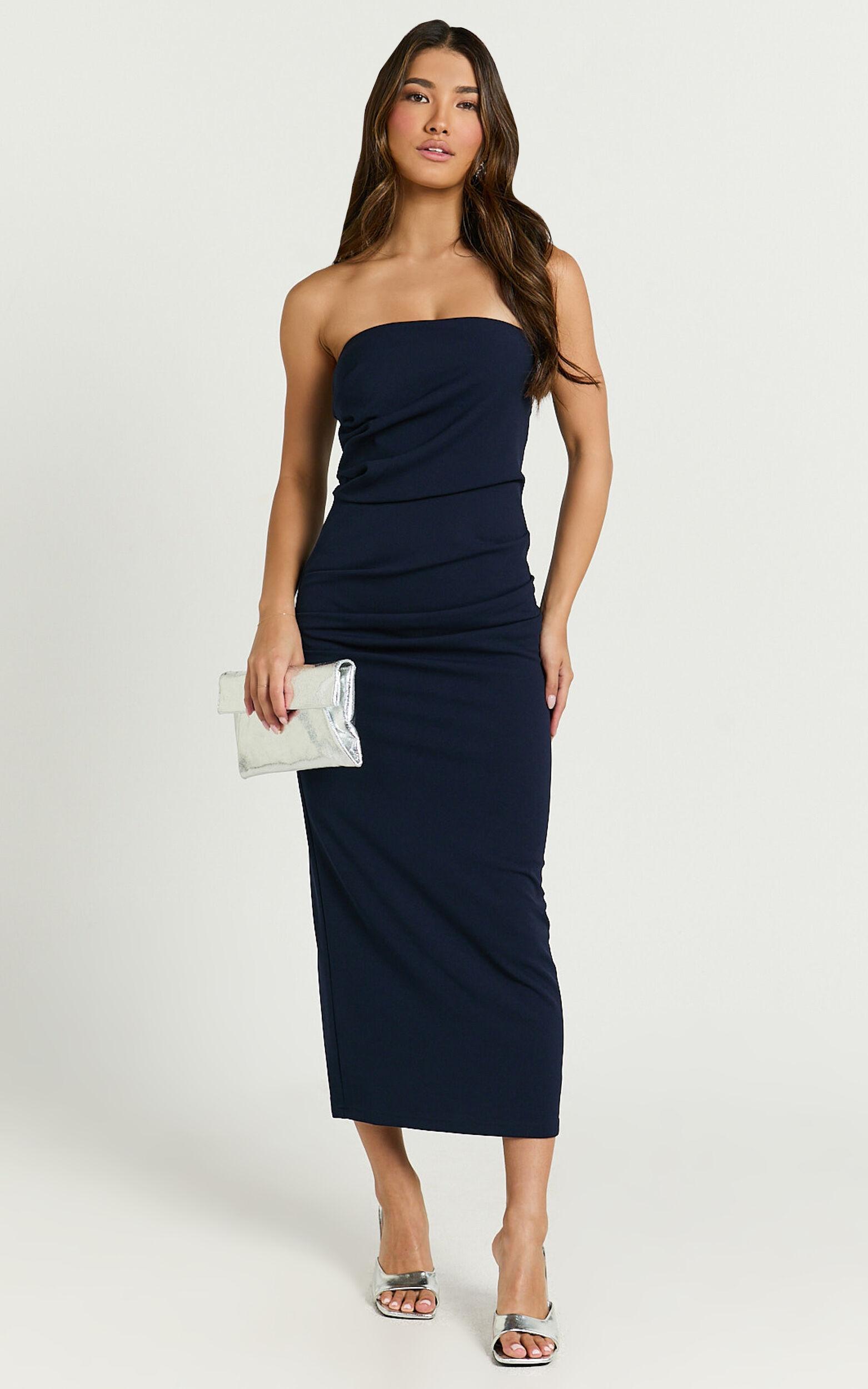 Calanthe Midi Dress - Strapless Tuck Detail Dress in Navy Product Image