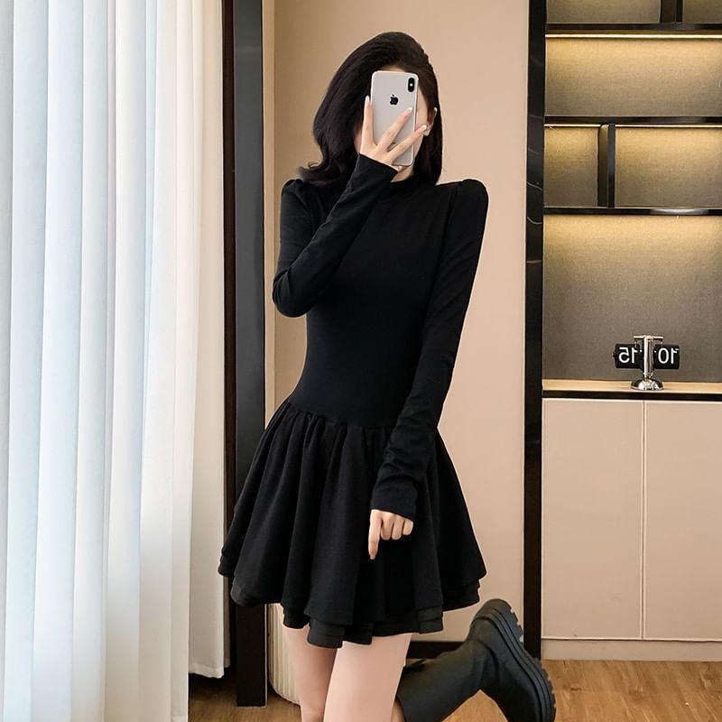 Long-Sleeve Plain Mini A-Line Dress Product Image